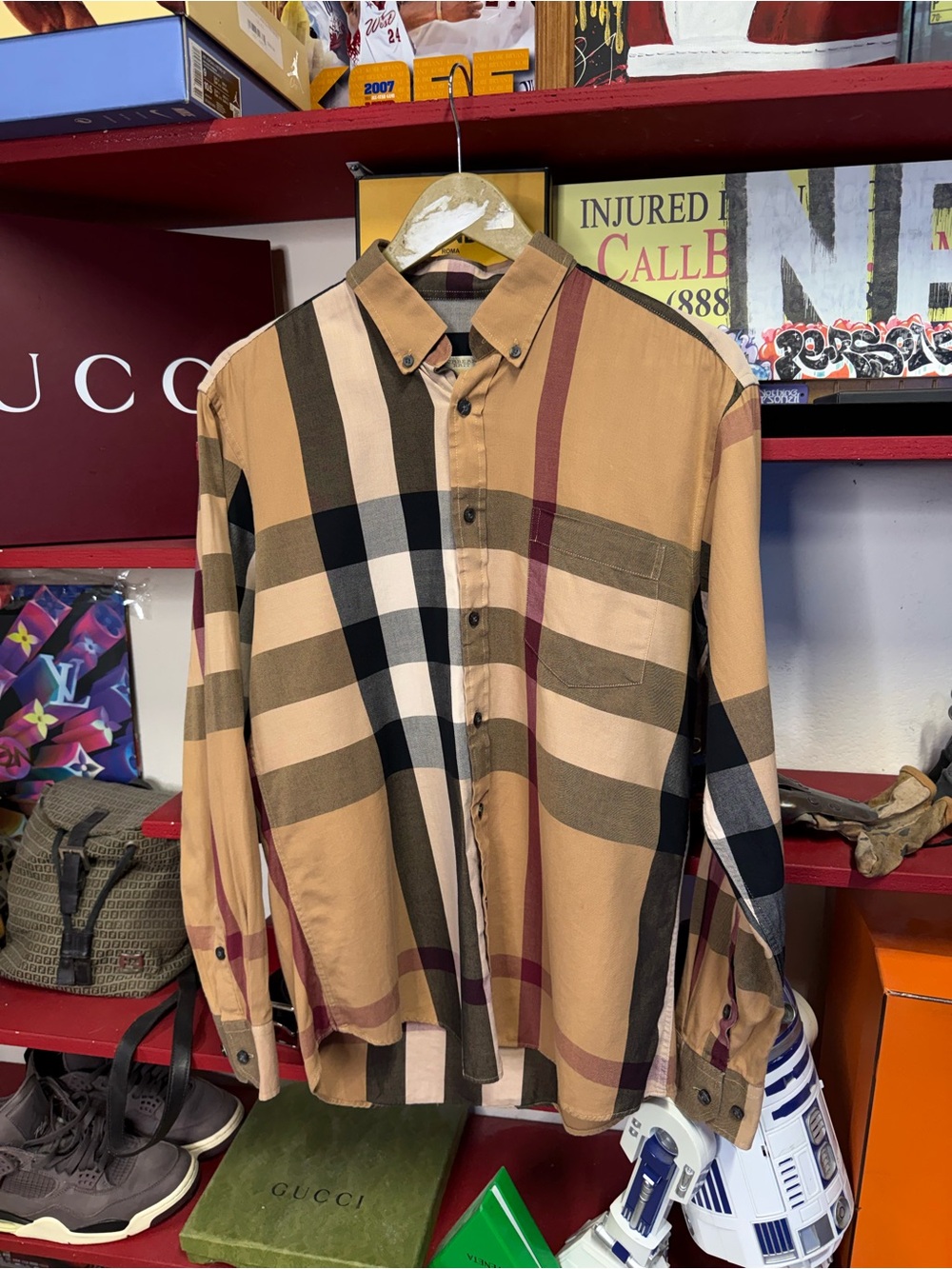 Burberry Check Button Up T-Shirt Plaid Long Sleeve Tee Mens Size Medium - Picture 8 of 10